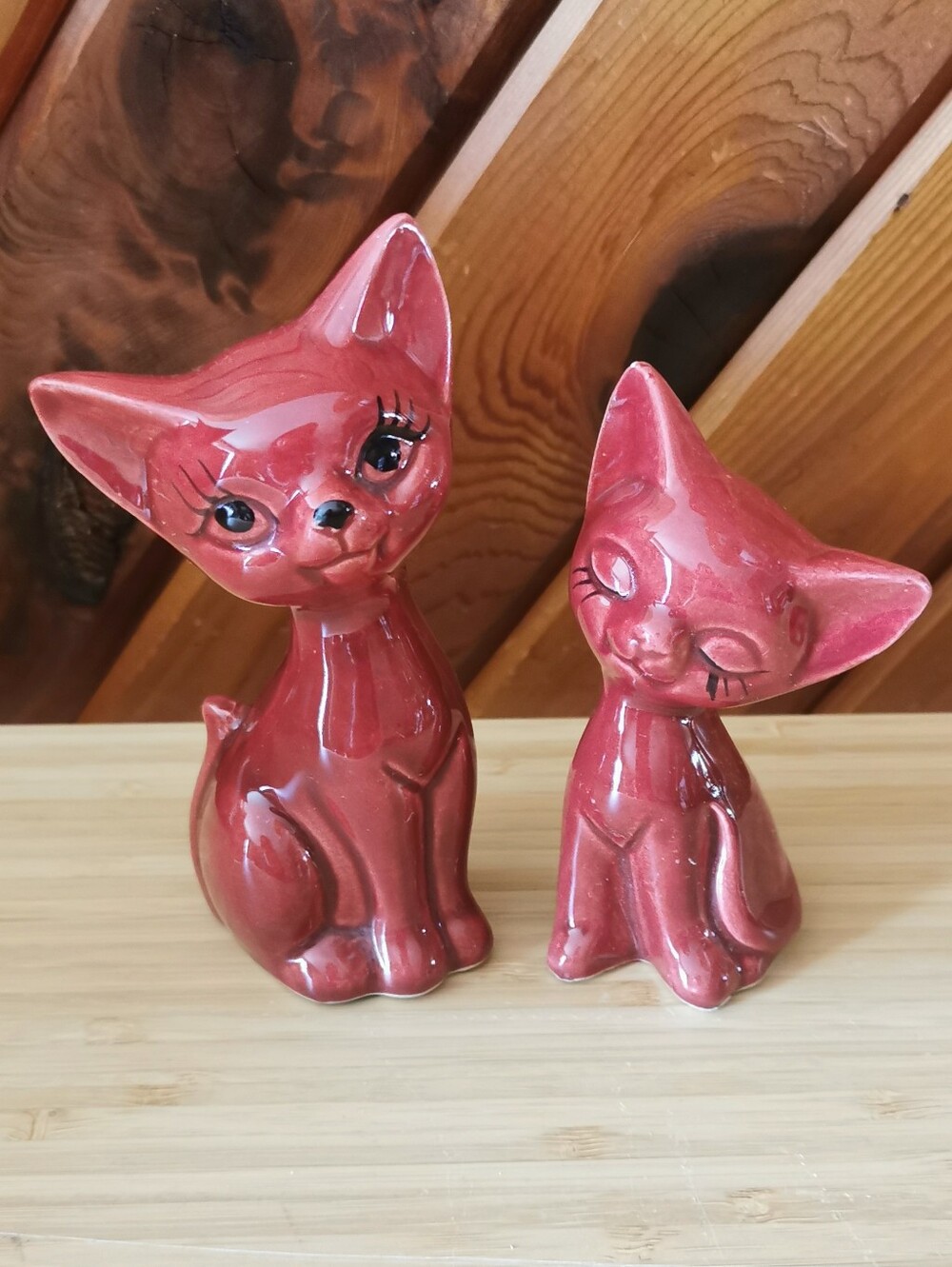 Vintage Hand Painted Ceramic Cat Figurines Pair Mid Century